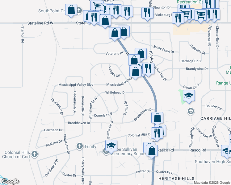 map of restaurants, bars, coffee shops, grocery stores, and more near 1753 Whitehead Drive in Southaven