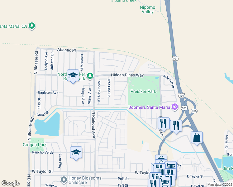 map of restaurants, bars, coffee shops, grocery stores, and more near 515 5th Avenue in Santa Maria