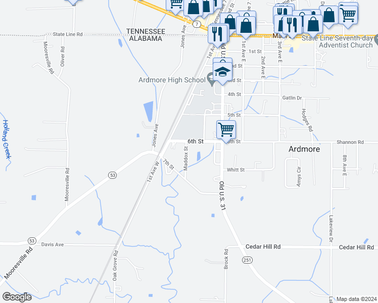 map of restaurants, bars, coffee shops, grocery stores, and more near 29446 Maddox Street in Ardmore