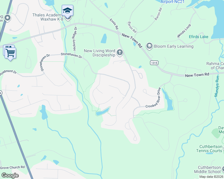 map of restaurants, bars, coffee shops, grocery stores, and more near 7516 Meadowgate Lane in Waxhaw