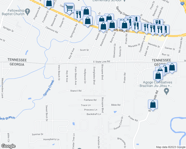 map of restaurants, bars, coffee shops, grocery stores, and more near 130 Everglades Boulevard in Rossville