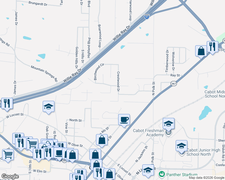 map of restaurants, bars, coffee shops, grocery stores, and more near 10 Skylar Cove in Cabot