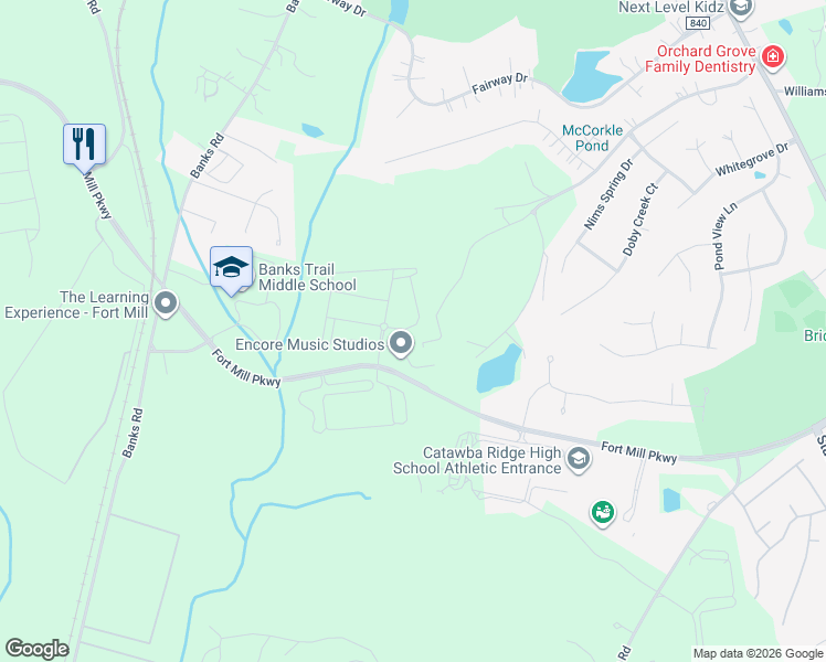 map of restaurants, bars, coffee shops, grocery stores, and more near 2026 Thatcher Way in Fort Mill