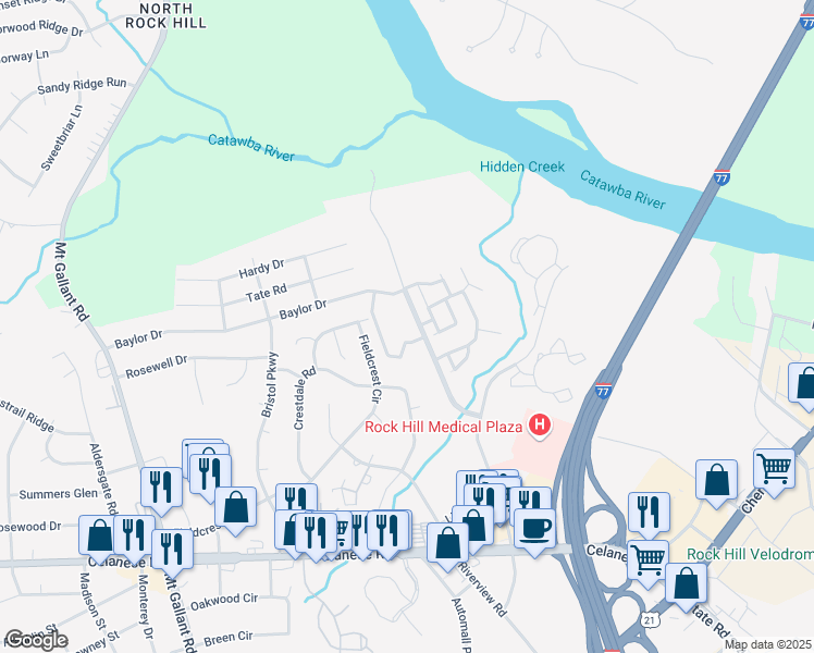 map of restaurants, bars, coffee shops, grocery stores, and more near 1785 Lexington Commons Drive in Rock Hill