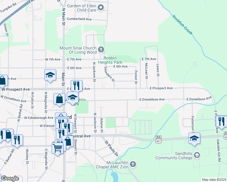 map of restaurants, bars, coffee shops, grocery stores, and more near 430 East Prospect Avenue in Raeford