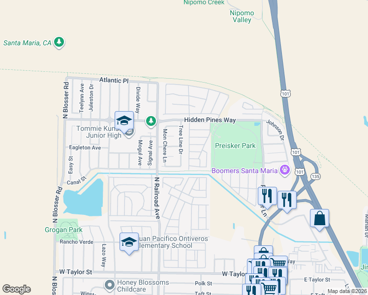map of restaurants, bars, coffee shops, grocery stores, and more near 2260 Tree Line Drive in Santa Maria