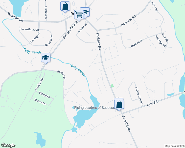 map of restaurants, bars, coffee shops, grocery stores, and more near 115 Crabapple Lane in Raeford