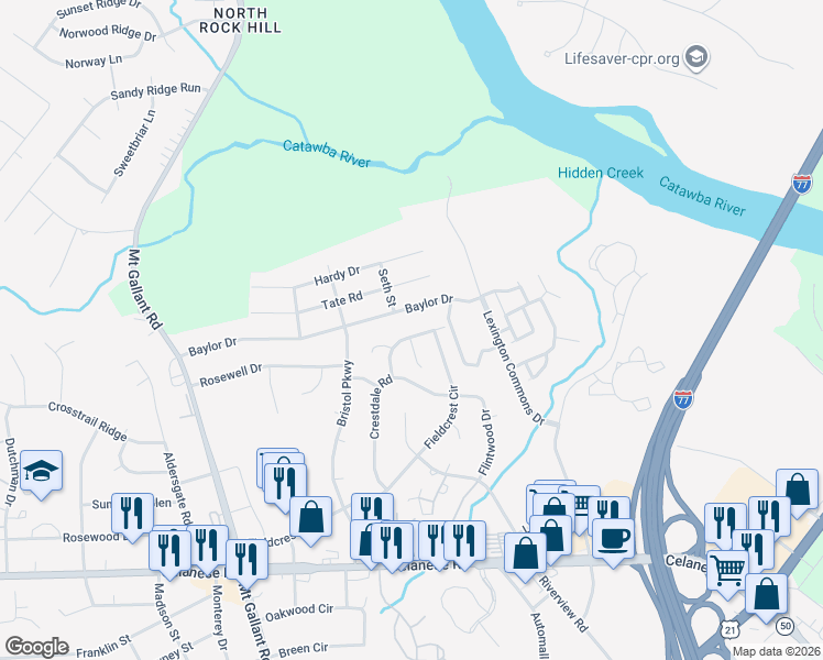 map of restaurants, bars, coffee shops, grocery stores, and more near 1663 Riverdale Drive in Rock Hill