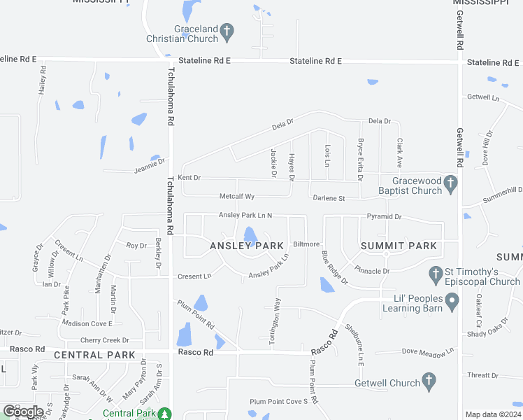 map of restaurants, bars, coffee shops, grocery stores, and more near 2328 Ansley Park Lane North in Southaven