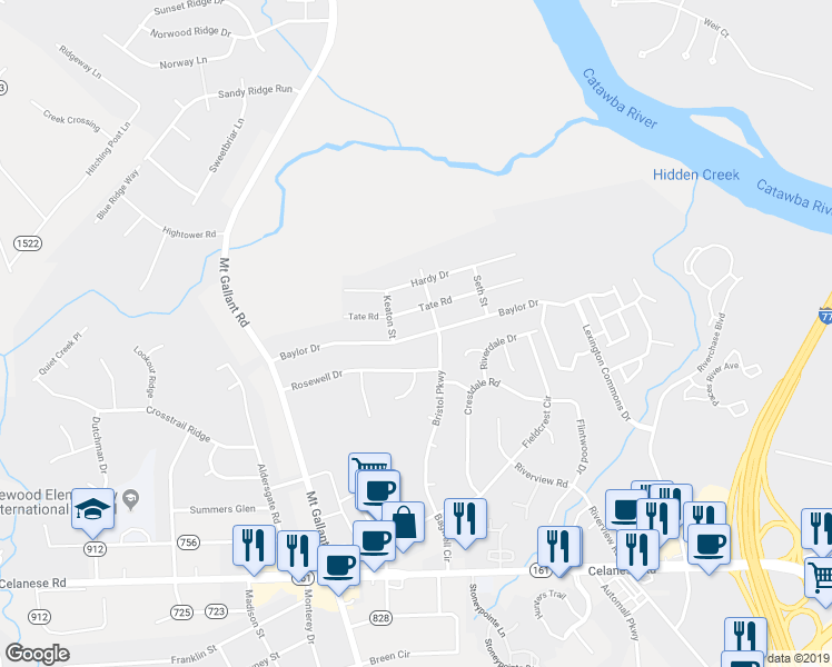 map of restaurants, bars, coffee shops, grocery stores, and more near 1724 Baylor Drive in Rock Hill