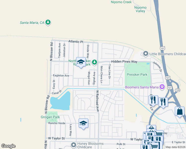 map of restaurants, bars, coffee shops, grocery stores, and more near 2311 Signal Avenue in Santa Maria