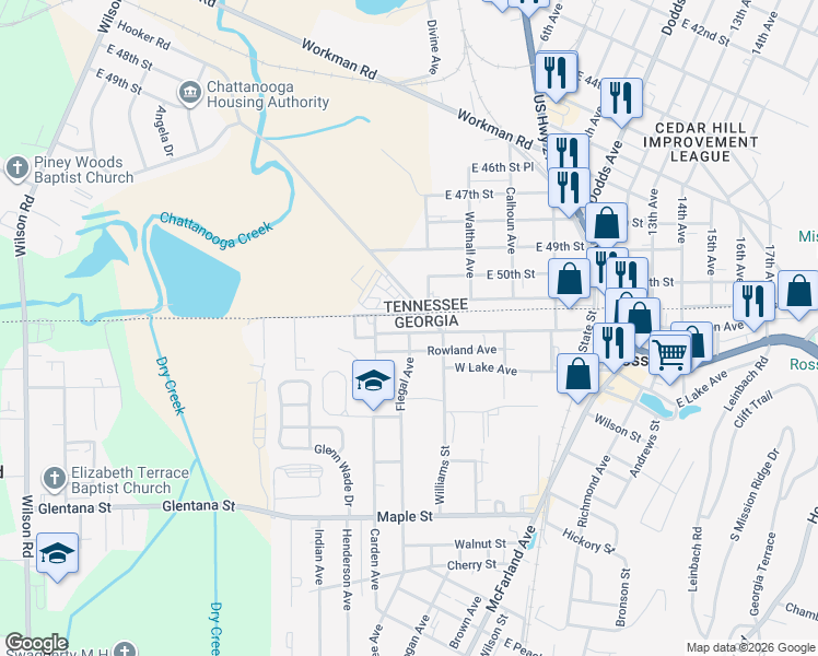 map of restaurants, bars, coffee shops, grocery stores, and more near 414 State Line Road in Rossville