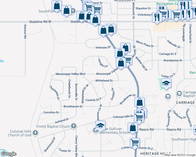 map of restaurants, bars, coffee shops, grocery stores, and more near 1824 Whitehead Drive in Southaven