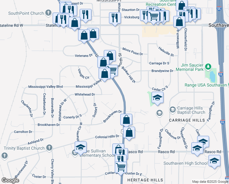 map of restaurants, bars, coffee shops, grocery stores, and more near 1586 Whitehead Drive in Southaven