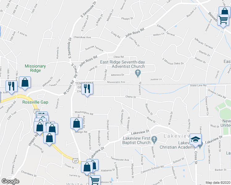 map of restaurants, bars, coffee shops, grocery stores, and more near 302 Claire Street in Rossville