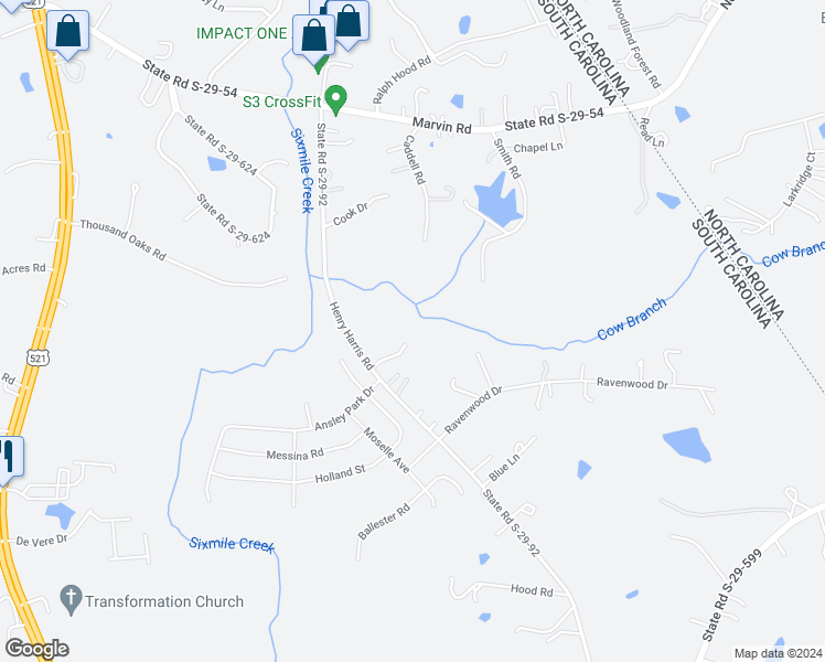 map of restaurants, bars, coffee shops, grocery stores, and more near 9344 Henry Harris Road in Fort Mill