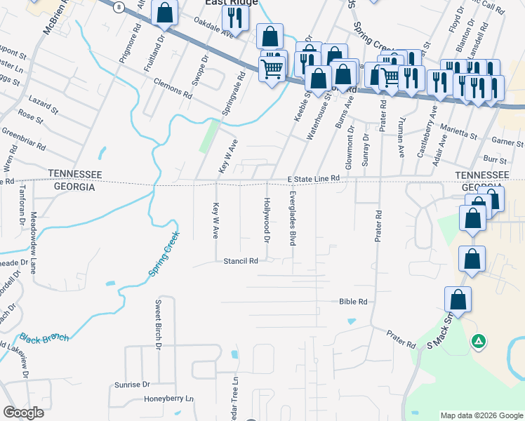 map of restaurants, bars, coffee shops, grocery stores, and more near 88 Hollywood Drive in Rossville