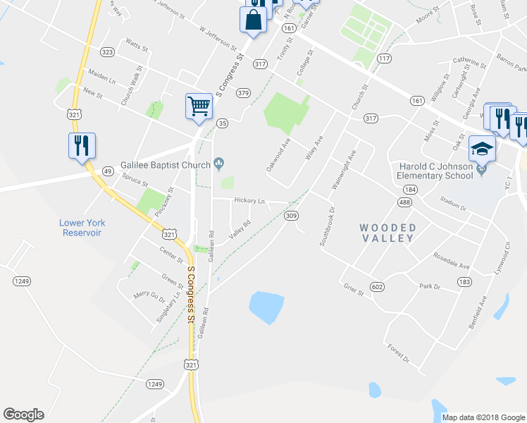 map of restaurants, bars, coffee shops, grocery stores, and more near 102 Creekside Drive in York