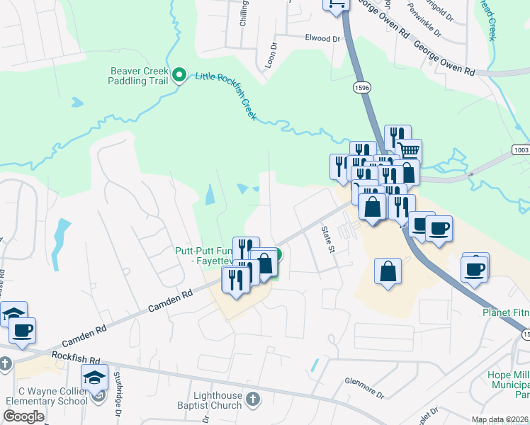 map of restaurants, bars, coffee shops, grocery stores, and more near 3231 Dorian Road in Fayetteville