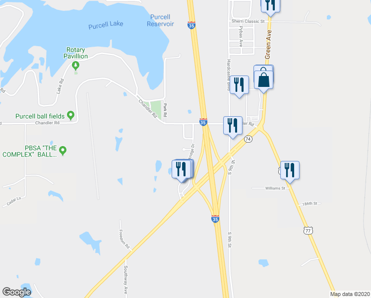 map of restaurants, bars, coffee shops, grocery stores, and more near 914 Parkview Circle in Purcell