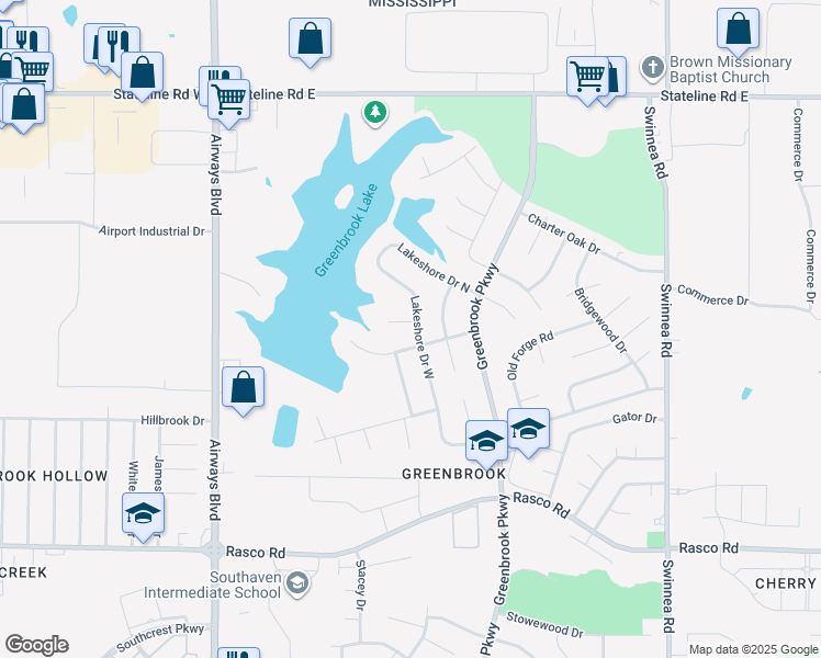 map of restaurants, bars, coffee shops, grocery stores, and more near 8476 Lakeshore Drive South in Southaven