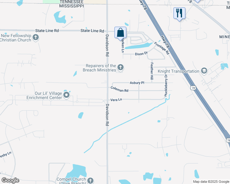 map of restaurants, bars, coffee shops, grocery stores, and more near 6029 Coleman Road in Olive Branch