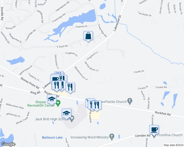 map of restaurants, bars, coffee shops, grocery stores, and more near 3600 Tattersall Court in Fayetteville