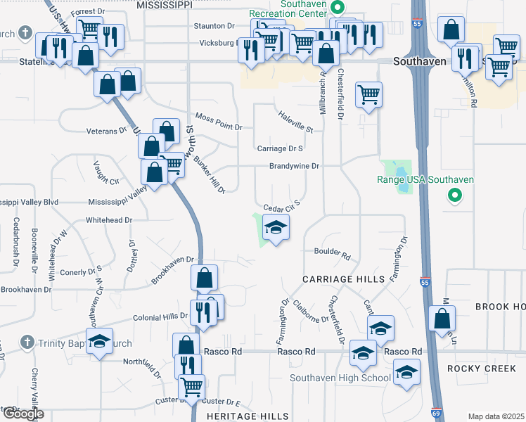 map of restaurants, bars, coffee shops, grocery stores, and more near 1245 Cedar Circle South in Southaven