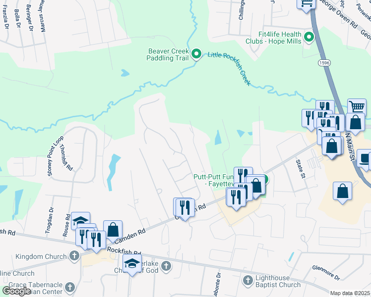 map of restaurants, bars, coffee shops, grocery stores, and more near 3233 Lillian Place in Fayetteville