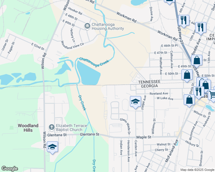 map of restaurants, bars, coffee shops, grocery stores, and more near 100 Rowe Street in Rossville