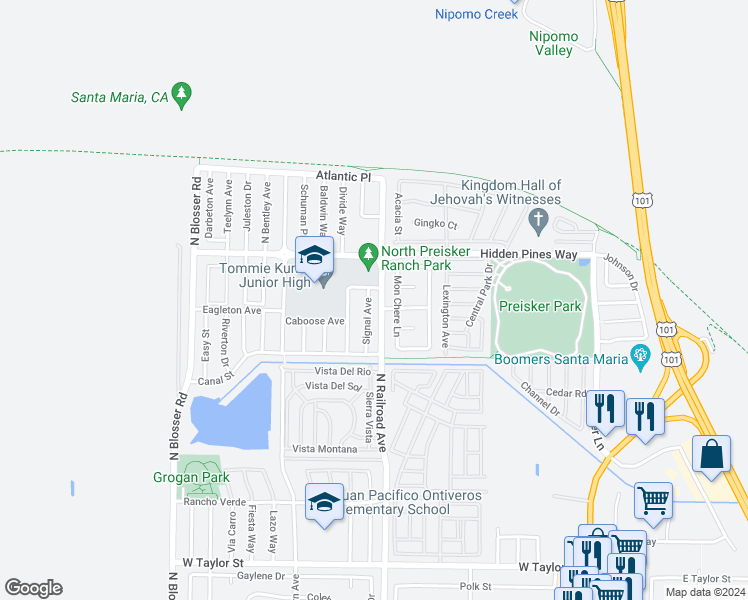 map of restaurants, bars, coffee shops, grocery stores, and more near 2310 Signal Avenue in Santa Maria