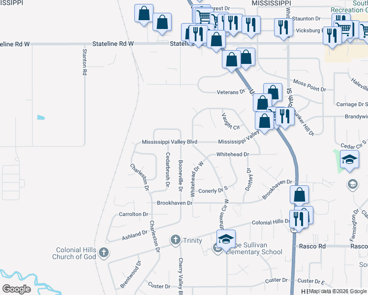 map of restaurants, bars, coffee shops, grocery stores, and more near 8506 Booneville Drive in Southaven