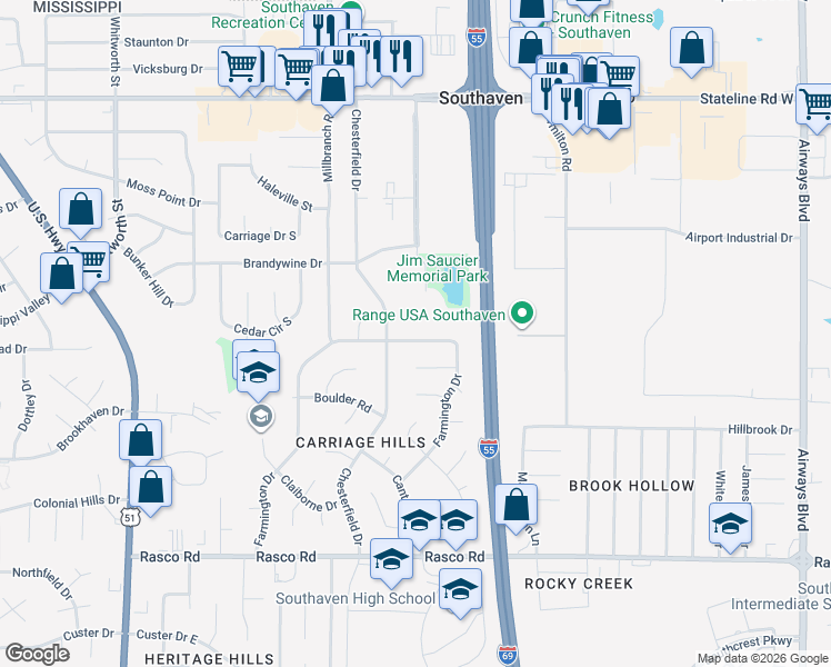 map of restaurants, bars, coffee shops, grocery stores, and more near 842 Farmington Drive North in Southaven