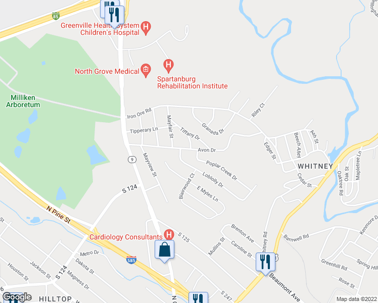 map of restaurants, bars, coffee shops, grocery stores, and more near 540 Avon Drive in Spartanburg