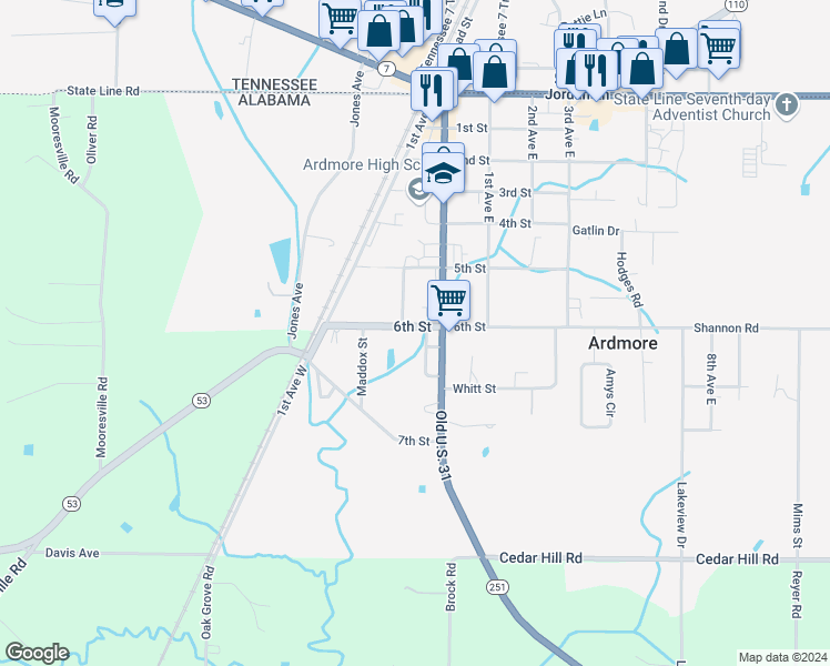 map of restaurants, bars, coffee shops, grocery stores, and more near 26452 6th Street in Ardmore