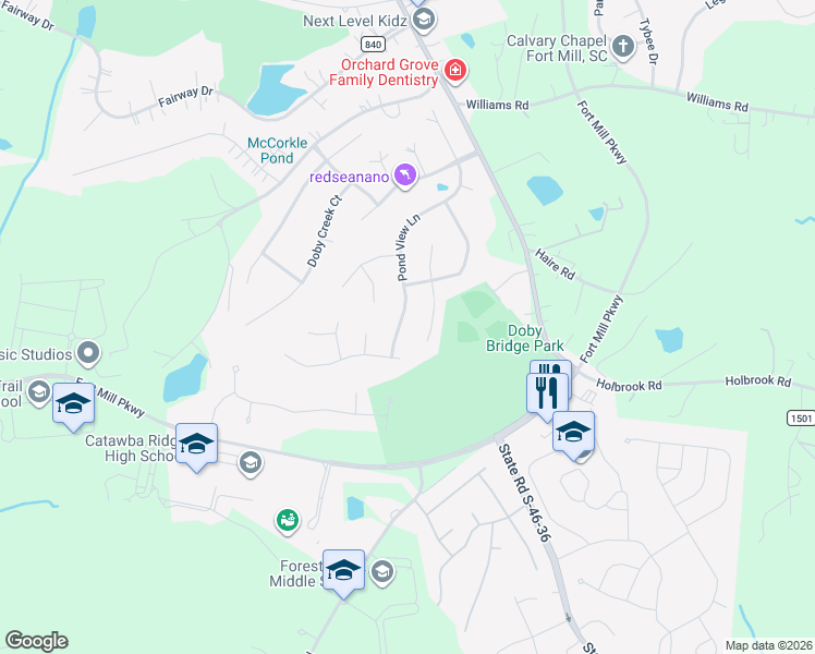 map of restaurants, bars, coffee shops, grocery stores, and more near 237 Pond View Lane in Fort Mill