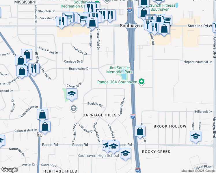 map of restaurants, bars, coffee shops, grocery stores, and more near 8488 Chesterfield Drive in Southaven