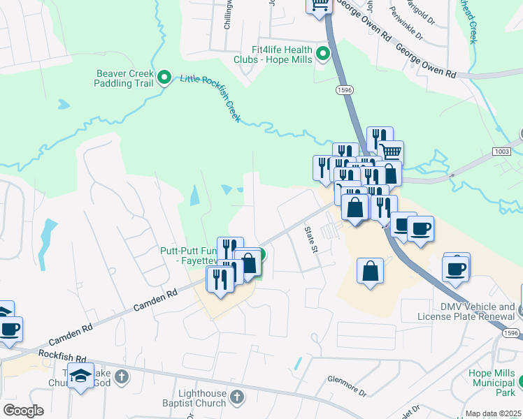 map of restaurants, bars, coffee shops, grocery stores, and more near 3231 Dorian Road in Fayetteville