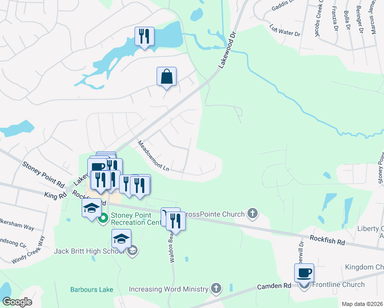 map of restaurants, bars, coffee shops, grocery stores, and more near 3623 Thornsby Ln in Fayetteville