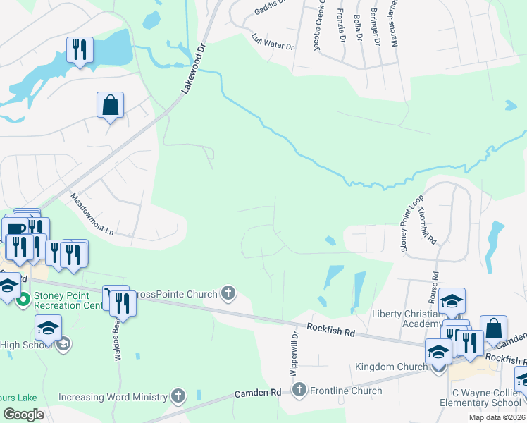 map of restaurants, bars, coffee shops, grocery stores, and more near 6305 Firefly Street in Fayetteville