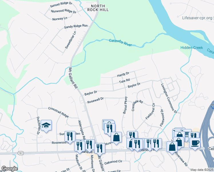 map of restaurants, bars, coffee shops, grocery stores, and more near 1775 Tate Road in Rock Hill