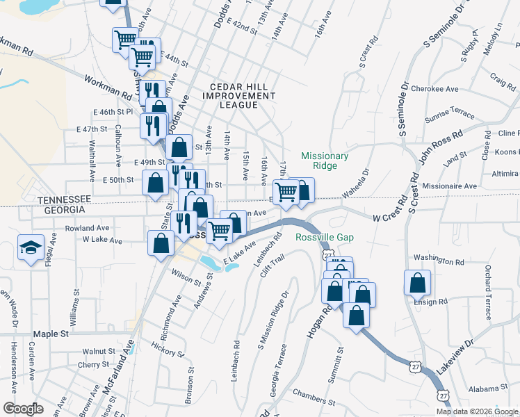 map of restaurants, bars, coffee shops, grocery stores, and more near 306 East Gordon Avenue in Rossville