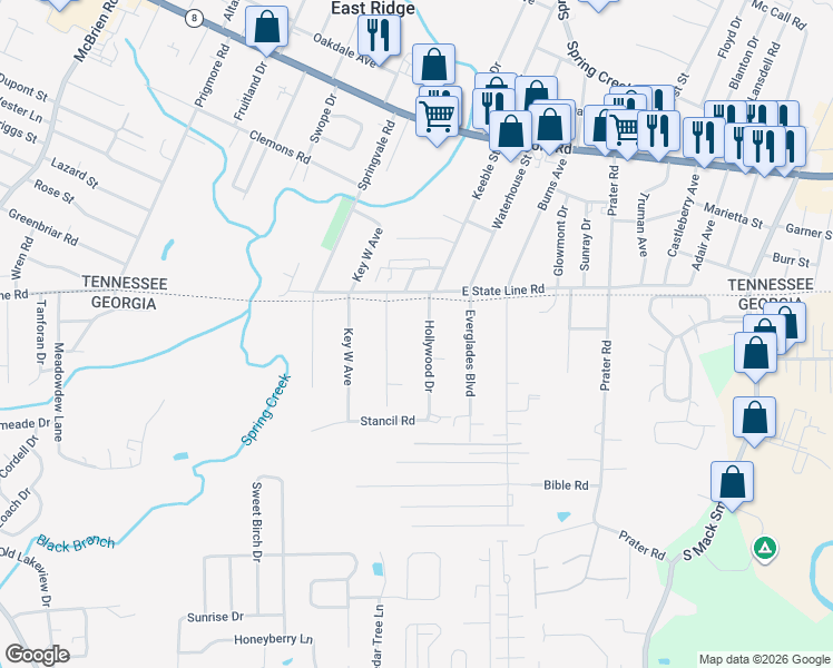 map of restaurants, bars, coffee shops, grocery stores, and more near 88 Hollywood Drive in Rossville