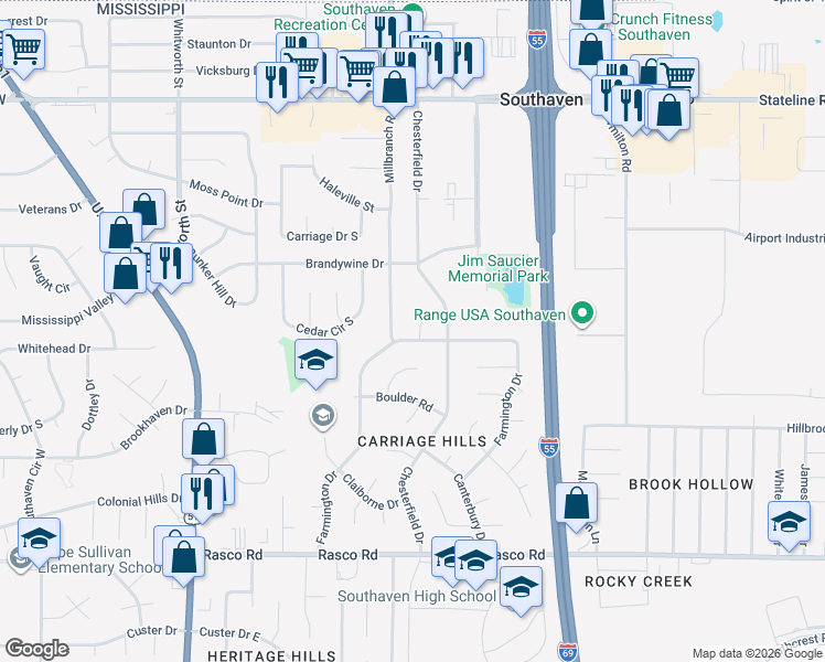 map of restaurants, bars, coffee shops, grocery stores, and more near 8485 Farmington Cove in Southaven