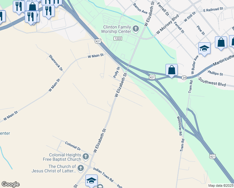 map of restaurants, bars, coffee shops, grocery stores, and more near 786 East Elizabeth Street in Clinton