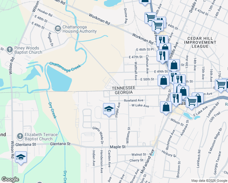map of restaurants, bars, coffee shops, grocery stores, and more near 414 State Line Road in Rossville