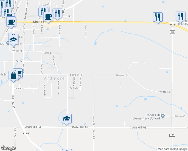 map of restaurants, bars, coffee shops, grocery stores, and more near 29499 Mims Street in Ardmore