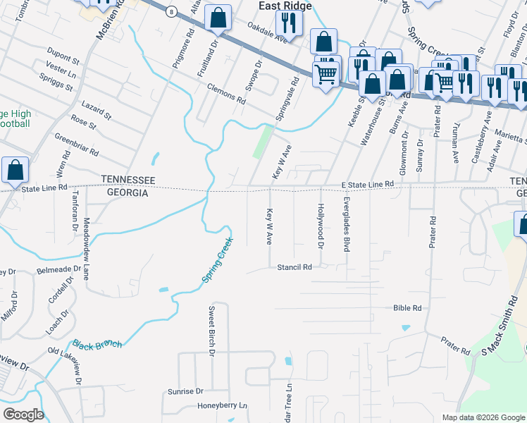 map of restaurants, bars, coffee shops, grocery stores, and more near 96 Key West Avenue in Rossville