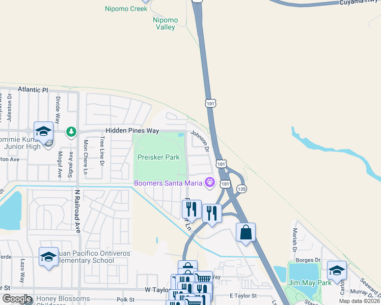 map of restaurants, bars, coffee shops, grocery stores, and more near 107 Bennetta Drive in Santa Maria