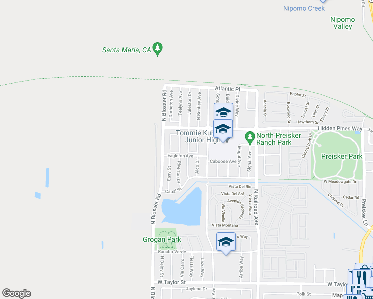 map of restaurants, bars, coffee shops, grocery stores, and more near 2305 Juleston Drive in Santa Maria